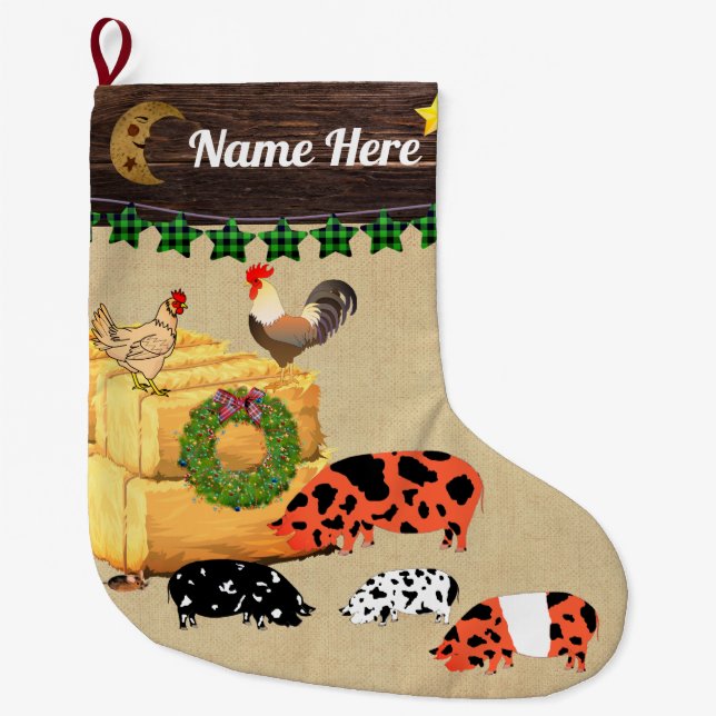 Personalised - A Country Christmas KuneKune Pigs Large Christmas Stocking (Front)