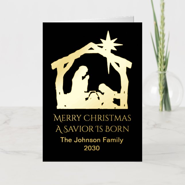 Personalised A Saviour Is Born Nativity Scene Gold Foil Holiday Card (Front)