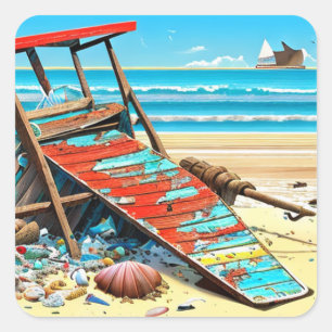 Personalised Abandoned Beach  Lifeguard Chair Square Sticker