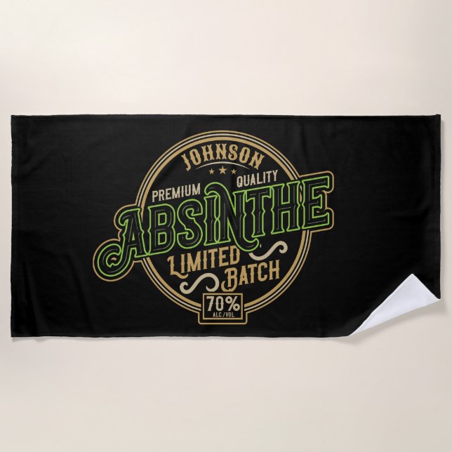 Personalised Absinthe Herbal Spirit Liquor Label Beach Towel (Front)