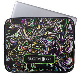 Personalised Abstract Art Black Swirl Green Laptop Sleeve