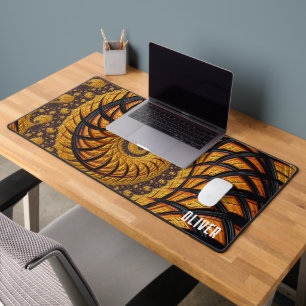Personalised Abstract Black Gold Spiral Fractal Desk Mat