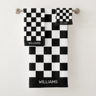Personalised Abstract Black & White Chequered Bath Towel Set