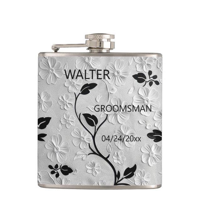 Personalised Abstract Black & White Florals Hip Flask (Front)