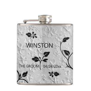 Personalised Abstract Black & White Florals Hip Flask