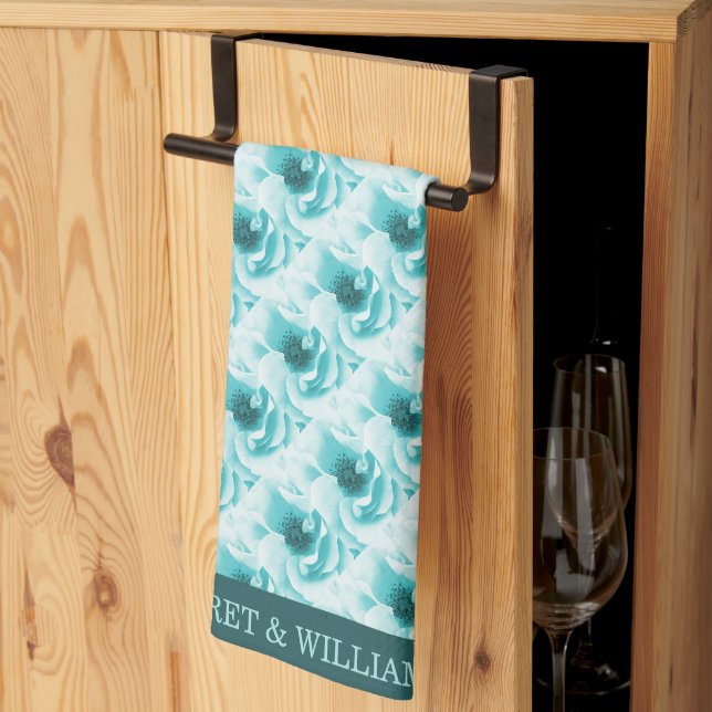 Personalised Abstract Blue & White Florals Tea Towel (Thirds Fold)