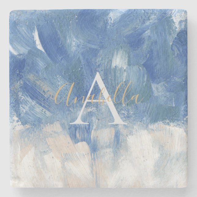 Personalised Abstract Ocean Acrylic Brushstrokes Stone Coaster (Front)