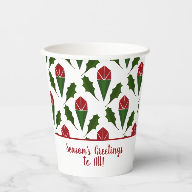 Personalised Abstract Red Roses Holly Holiday Paper Cups (Front)