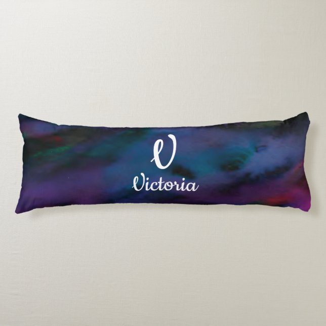 Personalised abstract smokey purples water colour body cushion (Front)