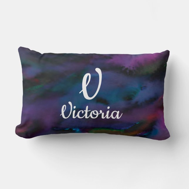 Personalised abstract smokey purples water colour lumbar cushion (Front)