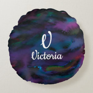 Personalised abstract smokey purples water colour round cushion