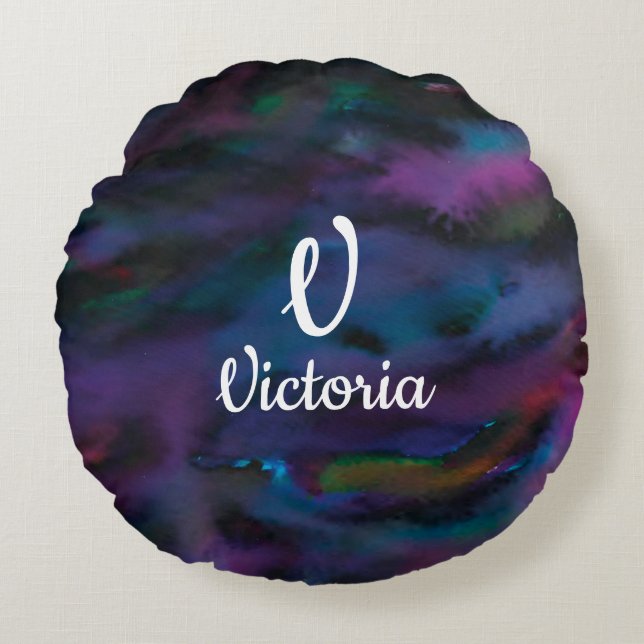 Personalised abstract smokey purples water colour round cushion (Front)