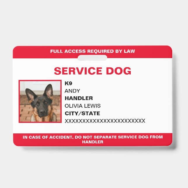 Personalised Ada Card Service Dog Photo ID Badge (Front)