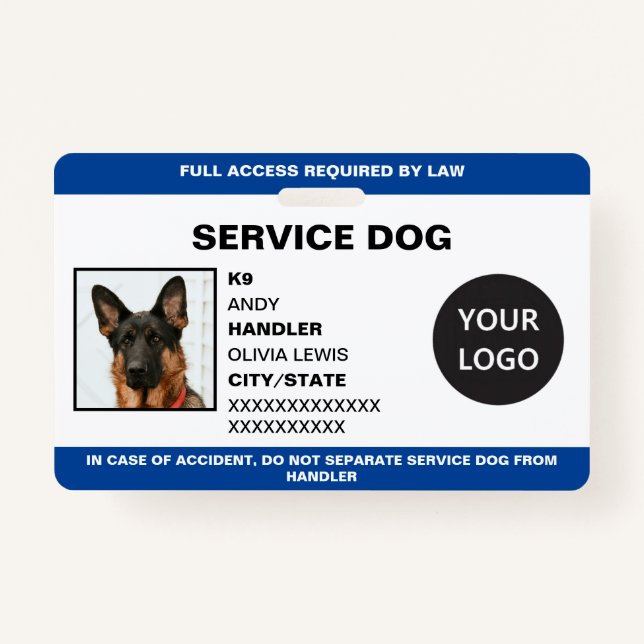 Personalised Ada Card Service Dog Photo ID ID Badge (Front)