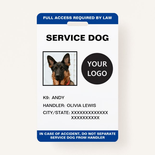 Personalised Ada Card Service Dog Photo ID ID Badge (Front)