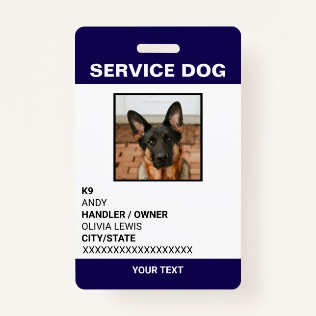 Personalised Ada Card Service Dog Photo ID  ID Badge (Front)