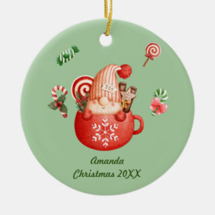 Personalised Add a Name Christmas Gnome in a Mug Ceramic Tree Decoration