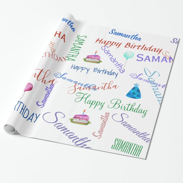 Personalised Add a Name Custom Happy Birthday Wrapping Paper (Unrolled)
