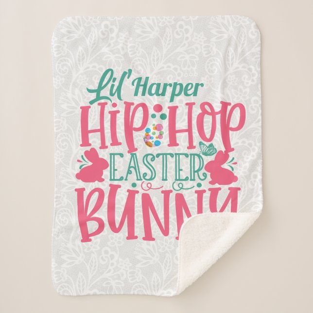 Personalised ADD NAME Lil Hip Hop Easter Bunny Sherpa Blanket (Front)