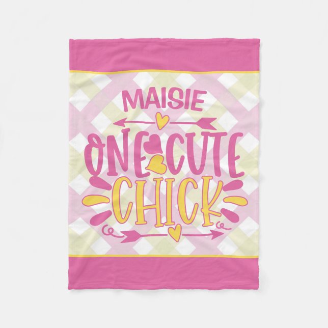 Personalised ADD NAME One Cute Chick Pink Yellow Fleece Blanket (Front)