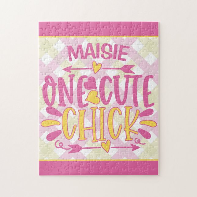 Personalised ADD NAME One Cute Chick Pink Yellow Jigsaw Puzzle (Vertical)