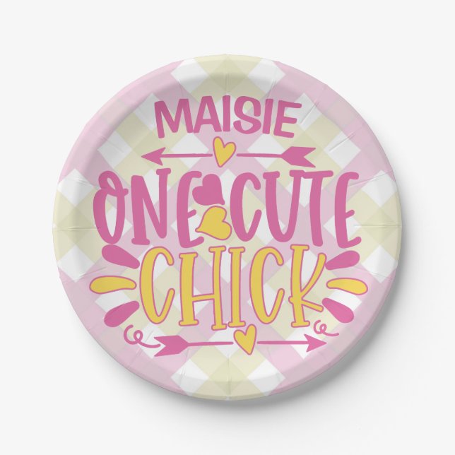 Personalised ADD NAME One Cute Chick Pink Yellow Paper Plate (Front)