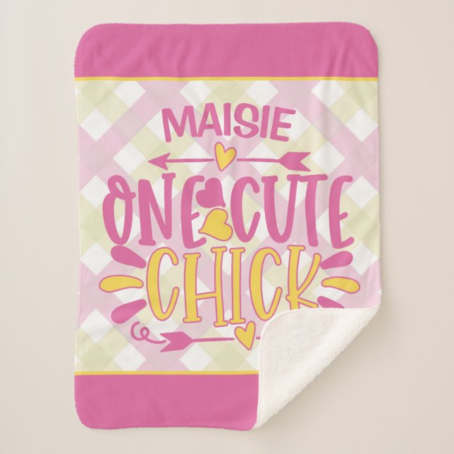 Personalised ADD NAME One Cute Chick Pink Yellow Sherpa Blanket (Front)