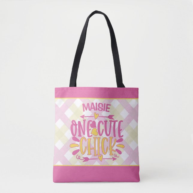 Personalised ADD NAME One Cute Chick Pink Yellow Tote Bag (Front)
