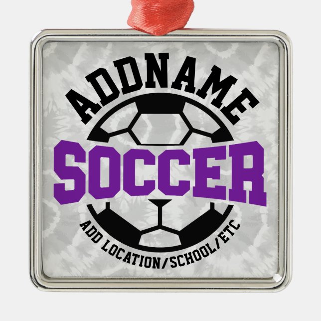 Personalised ADD NAME Soccer Player Team Tie-Dye Metal Tree Decoration (Front)
