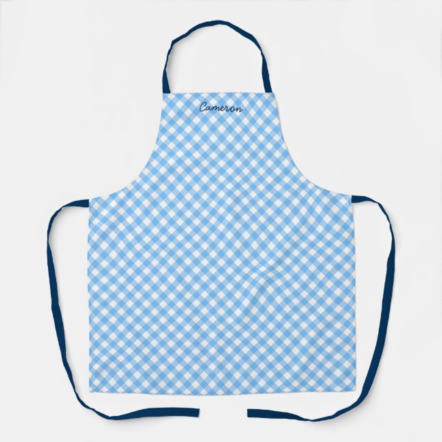 Personalised Add Your Name Baby Blue Gingham Apron (Front)