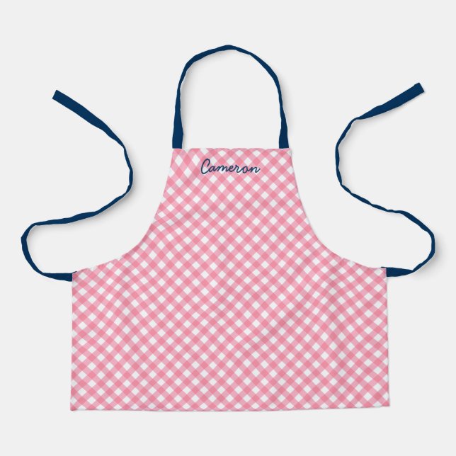 Personalised Add Your Name Baby Pink Gingham Kids Apron (Front)