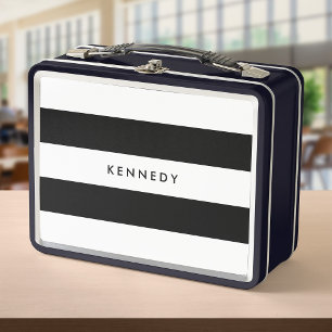 Personalised Add Your Name Black and White Stripes Metal Lunch Box