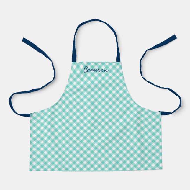 Personalised Add Your Name Mint Gingham Kids Apron (Front)