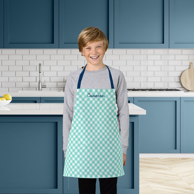 Personalised Add Your Name Mint Gingham Kids Apron (Creator Uploaded)