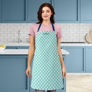 Personalised Add Your Name Mint Turquoise Gingham Apron