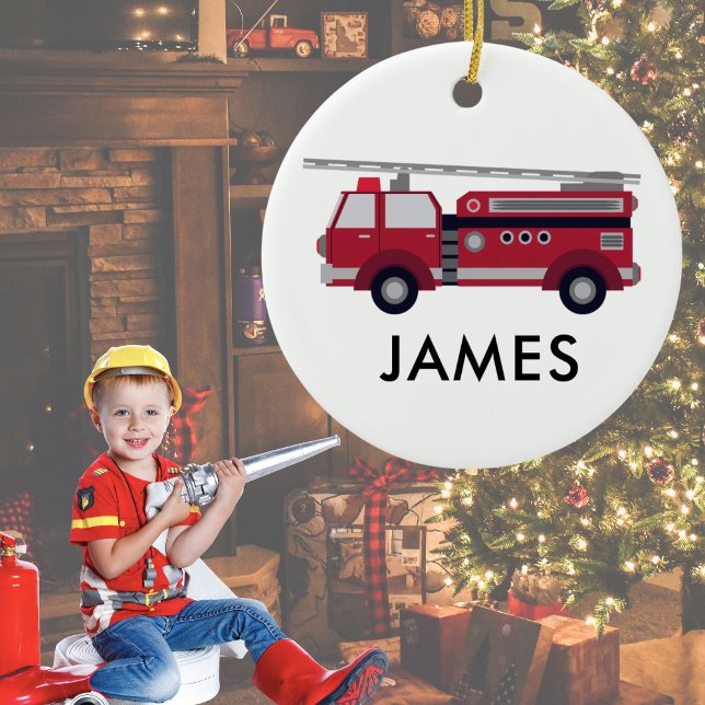 Personalised Add Your Name Red Fire truck Ceramic Tree Decoration (Creator Uploaded)