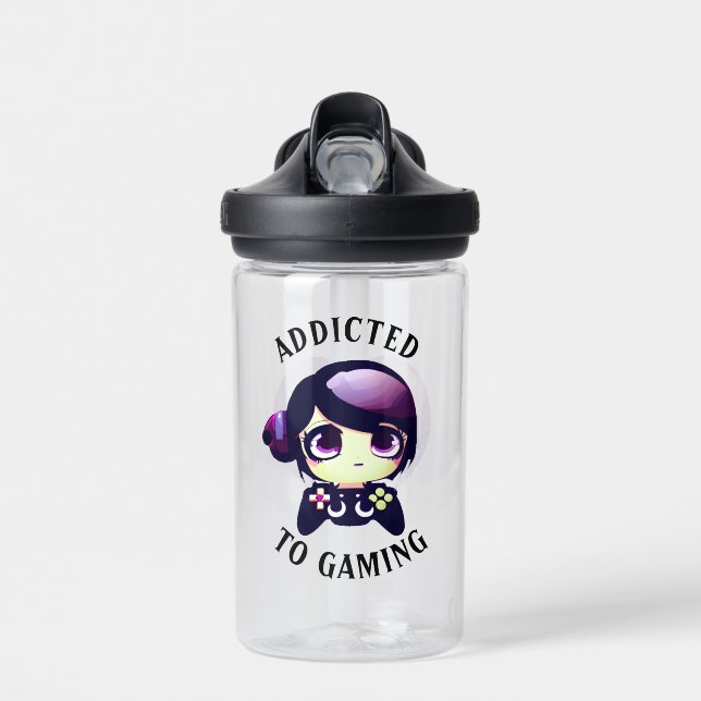 Personalised Addicted to Gaming Kawaii Girl Gamer Water Bottle (Front)
