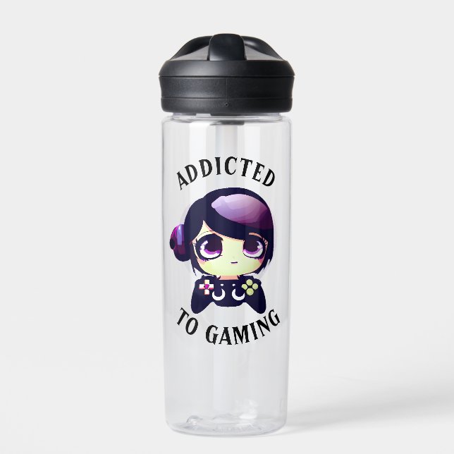 Personalised Addicted to Gaming Kawaii Girl Gamer Water Bottle (Front)