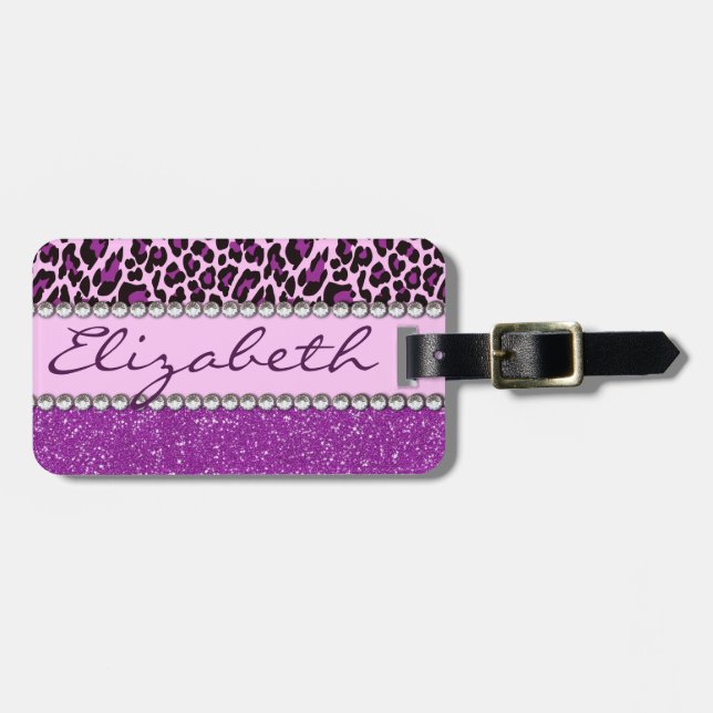 Personalised Address Purple Leopard Glitter Luggage Tag (Front Horizontal)