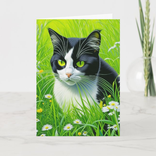 Personalised Adorable Cat in a field of Daisies  Card (Front)