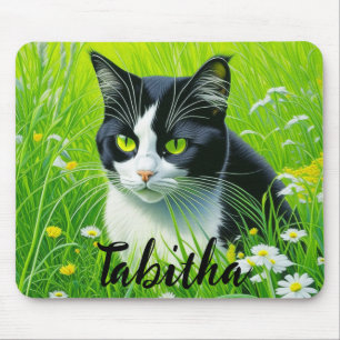 Personalised Adorable Cat in a field of Daisies Mouse Mat