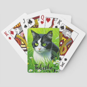 Personalised Adorable Cat in a field of Daisies Playing Cards