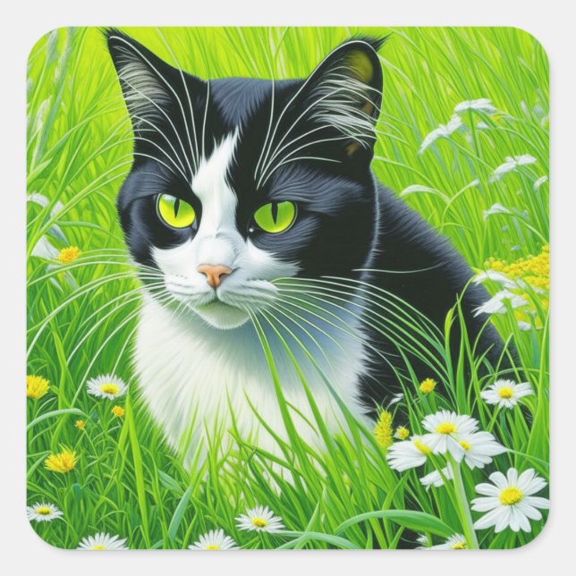 Personalised Adorable Cat in a field of Daisies  Square Sticker (Front)