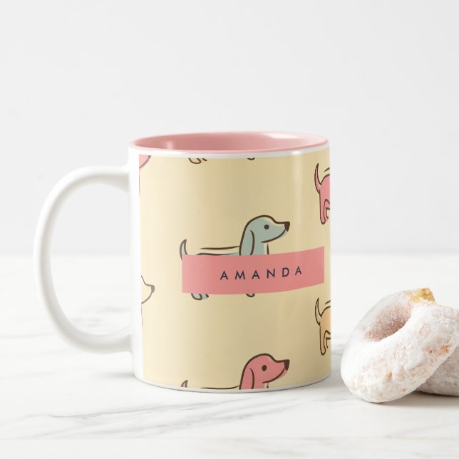 Personalised Adorable Dachshund Dog Pattern Two-Tone Coffee Mug (With Donut)