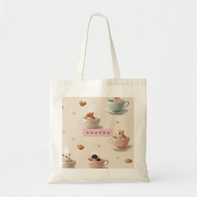 Personalised Adorable Hamster in Teacup Pattern Tote Bag (Front)