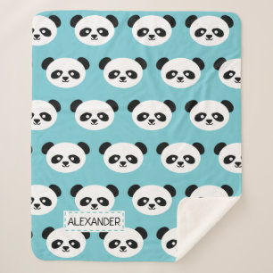 Personalised Adorable Panda Bear Pattern Blue Kids Sherpa Blanket