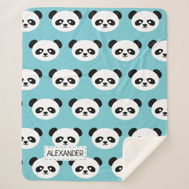 Personalised Adorable Panda Bear Pattern Blue Kids Sherpa Blanket (Front)