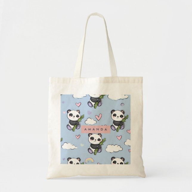 Personalised Adorable Pastel Panda Pattern Tote Bag (Front)