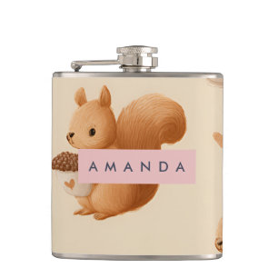 Personalised Adorable Squirrel and Acorn Pattern Hip Flask