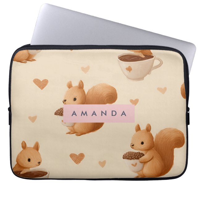 Personalised Adorable Squirrel and Acorn Pattern Laptop Sleeve (Front)